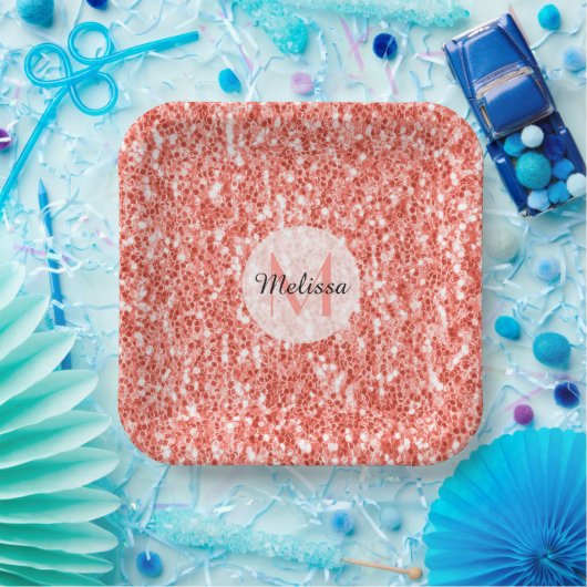 Rosa Korallen hellpastellfarbene Glitzern Monogram Pappteller (Party)