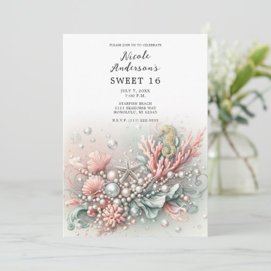 Rosa Korallen und Perlen Unterseeisch Süß 16 Einladung (Stehend Vorderseite)