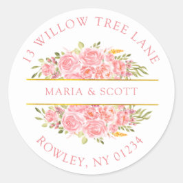Rosa Korallenblume und goldene Rücksendeadresse Runder Aufkleber