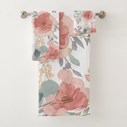 Rosa Korallengarten Blumen-Wasserfarben-Muster Badhandtuch Set (Insitu)