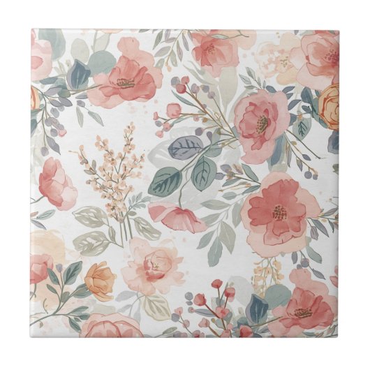Rosa Korallengarten Blumiges Wasserfarbmuster Fliese (Vorderseite)