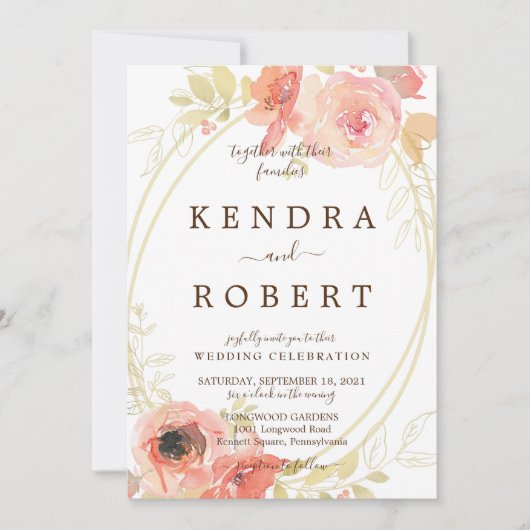 Rosa Korallenhochzeit - Rose und Goldbriefe Einladung (Vorderseite)