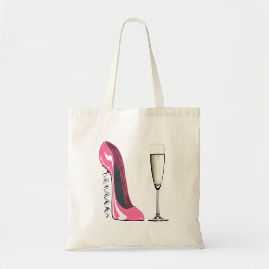 Rosa Korkenzieher-Stilett-Schuh und Champagne-Glas Tragetasche (Vorne)