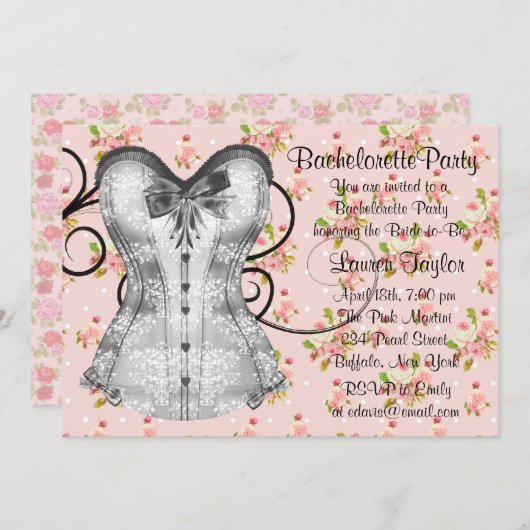 Rosa Korsett Rosa Schwarzer Junggeselinnen-Abschie Einladung (Vorne/Hinten)