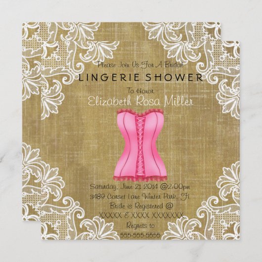 Rosa Korsett u. weißes Spitze-Wäsche-Brautparty Einladung (Vorne/Hinten)
