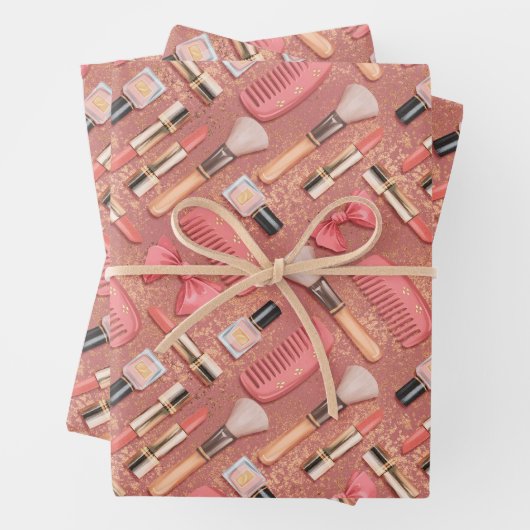 Rosa Kosmetik-Muster Glitter  Geschenkpapier Set (Beispiel)