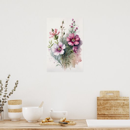 Rosa Kosmos Blume Art Print Poster (Küche)