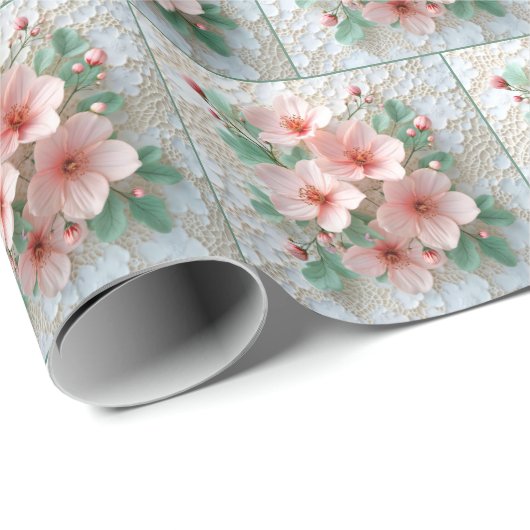 Rosa Kosmos-Blume auf weißer Spitze Geschenkpapier (Rolleneckpunkt)