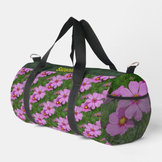 Rosa Kosmos-Blume Muster Personalisiert Duffle Bag (Rechte Ecke)