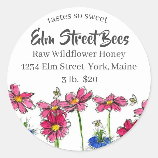 Rosa Kosmos Fresh Honey Bees Label Runder Aufkleber (Vorderseite)