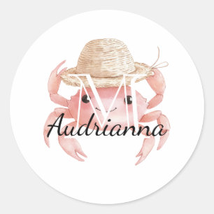 Rosa Krabbe mit Hut-Monogramm Runder Aufkleber