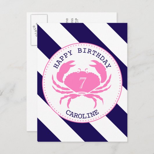 Rosa Krabbe Nautical Birthday Einladung (Vorne/Hinten)