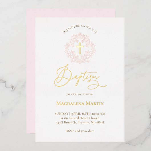 Rosa Kranz Taufen Folieneinladung (Vorderseite/Rückseite)