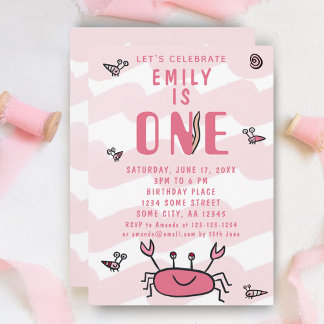Rosa Krebstiere Mädchen Einladung zum 1. Geburtsta