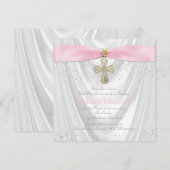 Rosa Kreuz Erster Kommune Weißer Satin Glitzer Einladung (Vorne/Hinten)