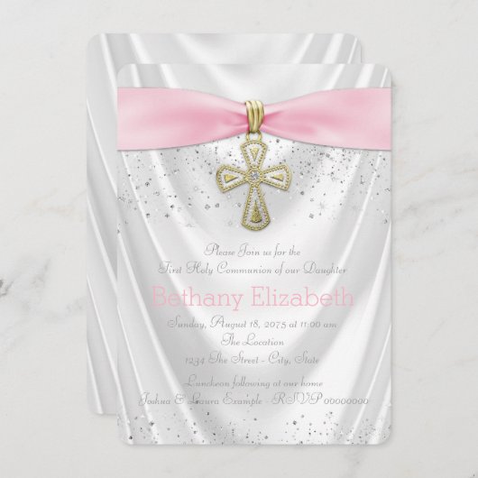 Rosa Kreuz Erster Kommune Weißer Satin Glitzer Einladung (Vorne/Hinten)