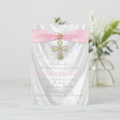 Rosa Kreuz Erster Kommune Weißer Satin Glitzer Einladung (Stehend Vorderseite)