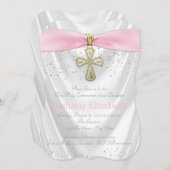 Rosa Kreuz Erster Kommune Weißer Satin Rosa Einladung (Vorne/Hinten)