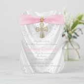 Rosa Kreuz Erster Kommune Weißer Satin Rosa Einladung (Stehend Vorderseite)