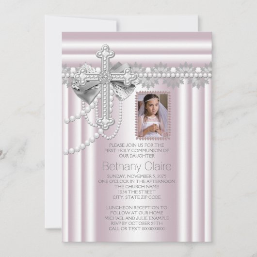 Rosa Kreuz Foto Erste Kommune Einladung (Vorderseite)