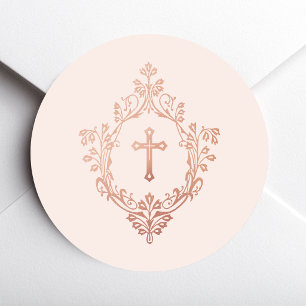 Rosa Kreuz im Wappen  Roségold Vintage Elegant Runder Aufkleber