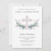 Rosa Kreuz & Kranz Erste Kommunion Einladungen (Vorderseite)