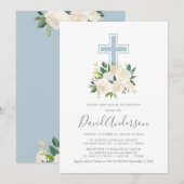 Rosa Kreuz mit Cream Florals, Boy-Taufe Einladung (Vorne/Hinten)