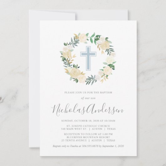 Rosa Kreuz mit Creme Florals, Boy-Taufe Einladung (Vorderseite)