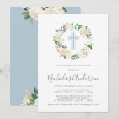 Rosa Kreuz mit Creme Florals, Boy-Taufe Einladung (Vorne/Hinten)