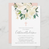 Rosa Kreuz mit Creme Florals, Taufe für Mädchen Einladung (Vorne/Hinten)