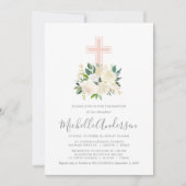 Rosa Kreuz mit Creme Florals, Taufe für Mädchen Einladung (Vorderseite)