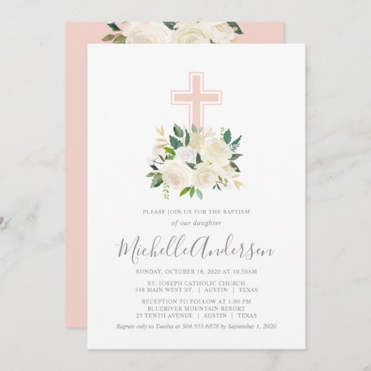 Rosa Kreuz mit Creme Florals, Taufe für Mädchen Einladung (Vorne/Hinten)