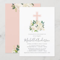 Rosa Kreuz mit Creme Florals, Taufe für Mädchen