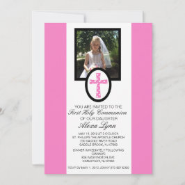 Rosa Kreuz mit Foto-Kommunions-Einladung Einladung