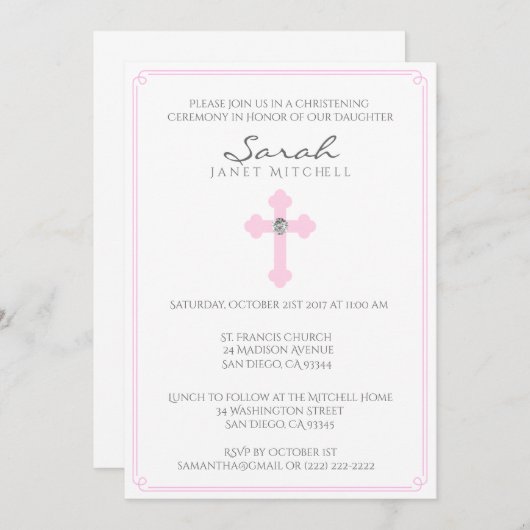 Rosa Kreuz Taufe Weihnachtsfeier Girl Einladung (Vorne/Hinten)