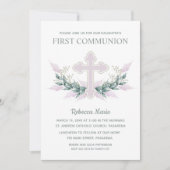 Rosa Kreuz und Blätter Erste Kommunion Einladung (Vorderseite)