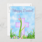 Rosa Kreuz und Blume Frohe Ostern Postkarte (Vorne/Hinten)