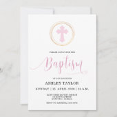 Rosa Kreuz und Imitate Goldrahmen Taufe Einladung (Vorderseite)