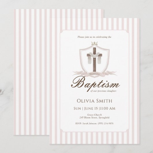 Rosa Kreuz Wappen Taufe Einladung (Vorne/Hinten)