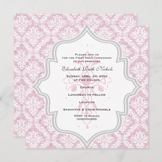 Rosa Kreuz weißer Damastrap Erste Kommune Einladung (Vorne/Hinten)