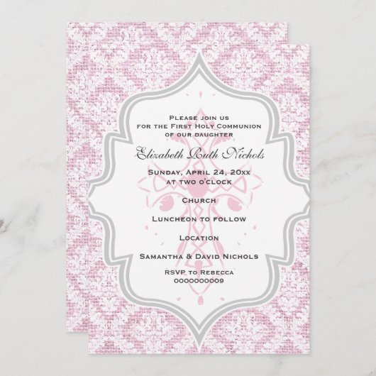 Rosa Kreuz weißer Damastrap Erste Kommune Einladung (Vorne/Hinten)