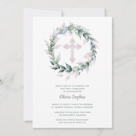 Rosa Kreuzkranz Erste Kommune Einladung (Vorderseite)