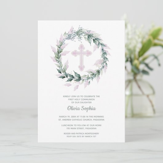 Rosa Kreuzkranz Erste Kommune Einladung (Stehend Vorderseite)