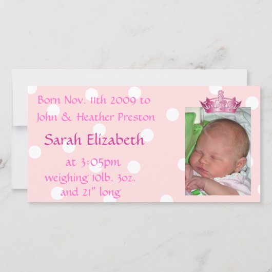 Rosa Krone Geburtsankündigung Foto-Karte Ankündigung (Vorderseite)