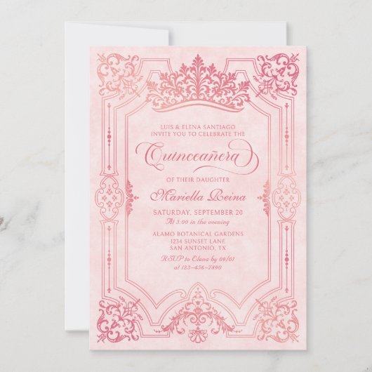 Rosa Krone Tiara Elegantes Quinceanera Einladung (Vorderseite)