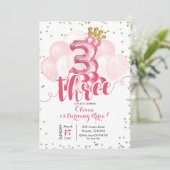 Rosa Kronenballon Dritter Geburtstag Einladung (Stehend Vorderseite)
