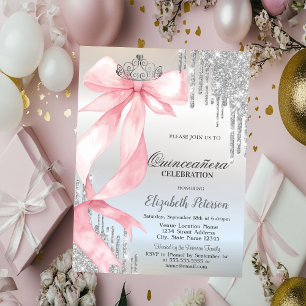 Rosa Kronenglanz Glittertropfen Silber Quinceañera Einladung