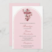 Rosa Kruzifix Taufe Spanisch Einladung (Vorne/Hinten)