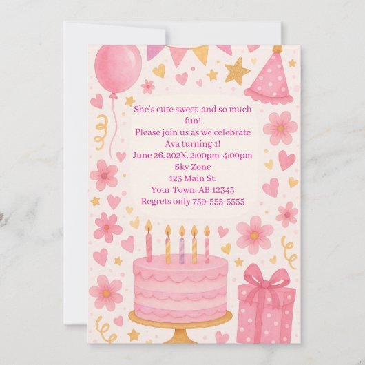 Rosa Kuchen, Geschenke, Balloons, Hüttenmädchen Ge Einladung (Vorderseite)