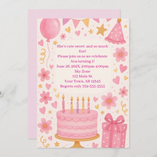 Rosa Kuchen, Geschenke, Balloons, Hüttenmädchen Ge Einladung (Vorne/Hinten)